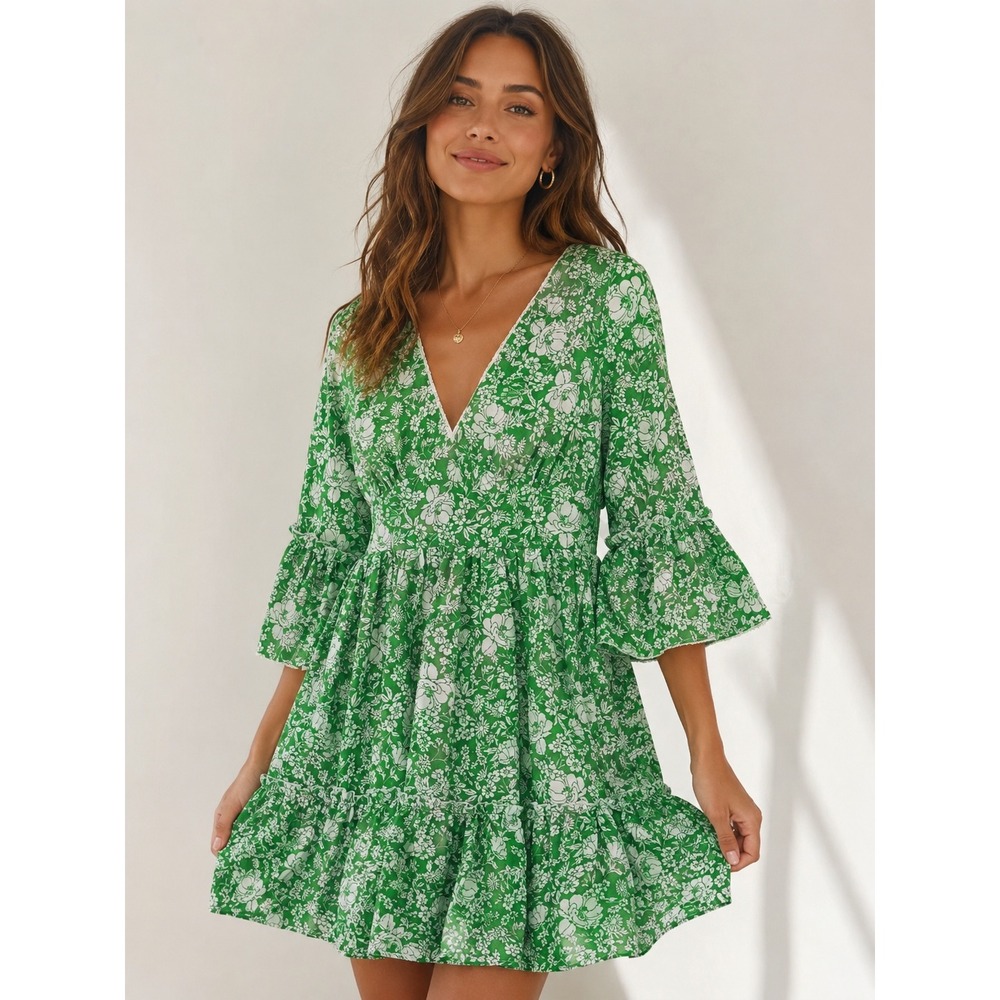 A Calin Flying Tomato Mini Dress Womens Medium Green Floral Ruffle Boho